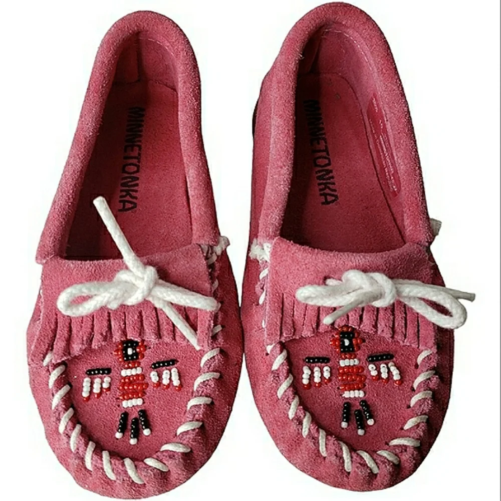 Minnetonka Thunderbird 10 Girls Moccasin Native American Beaded Leather Hot Pink